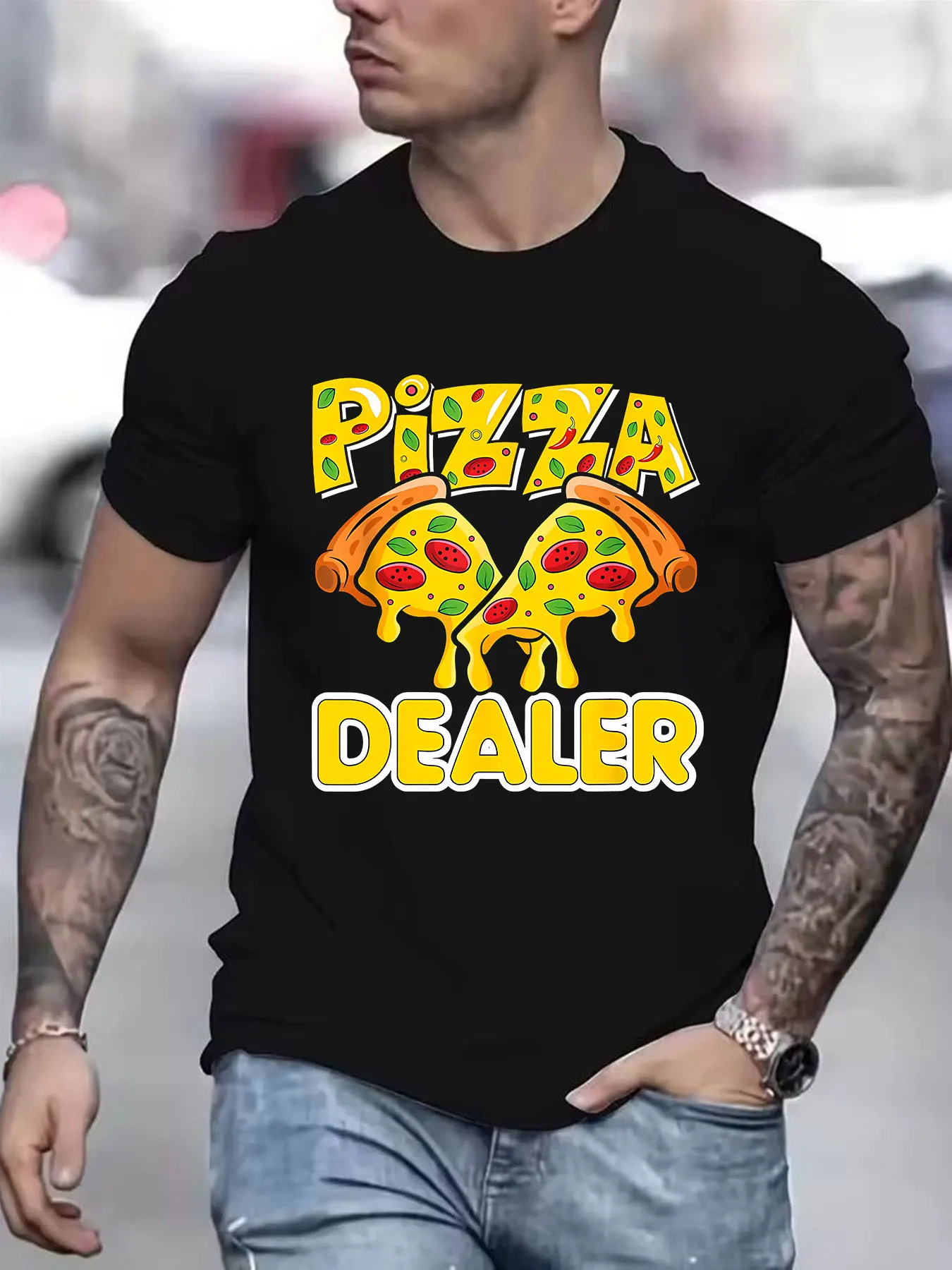 

Men's Pizza enthusiast Pattern T-shirt pure cotton soft loose short-sleeved T-shirt, featuring cartoon pizza slices and Pizza