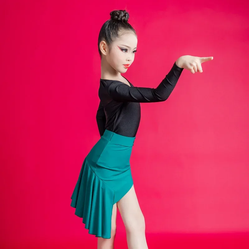 Long sleeved Latin dance costume set for girls irregular skirt children's performance outfit for practicing skills  sexy dress