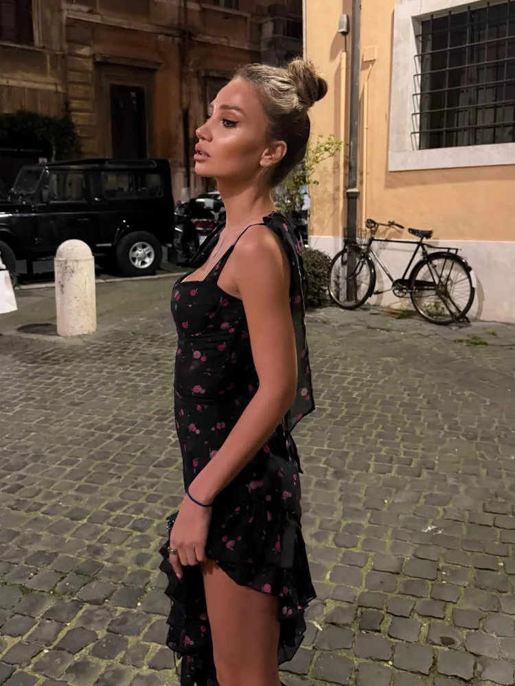

Floral Sweetheart Bust Women's Mini Dress Spaghetti Strap Bold Silhouette Asymmetrical Ruffle Robes Summer Festival Lady Dresses