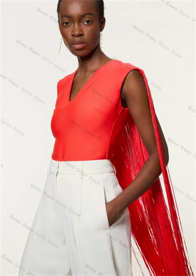 

Red Tassel Women Suit Set 2 Piece Blazer White Pants Trouser Sexy Sleeveless Formal Office Lady Jacket Wedding Coat Customized