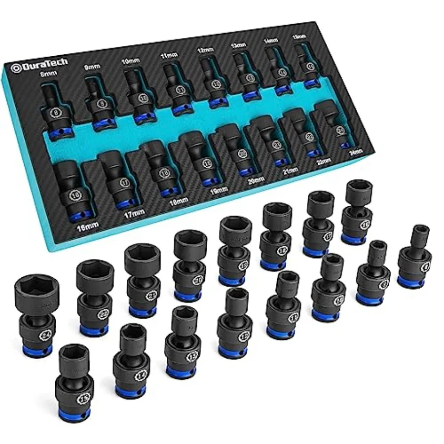

3/8" Drive Impact Universal Joint Socket Set, Swivel Socket Set, 16-Piece, Metric, 8-24MM, Cr-Mo Steel, Organized in EVA Foam O