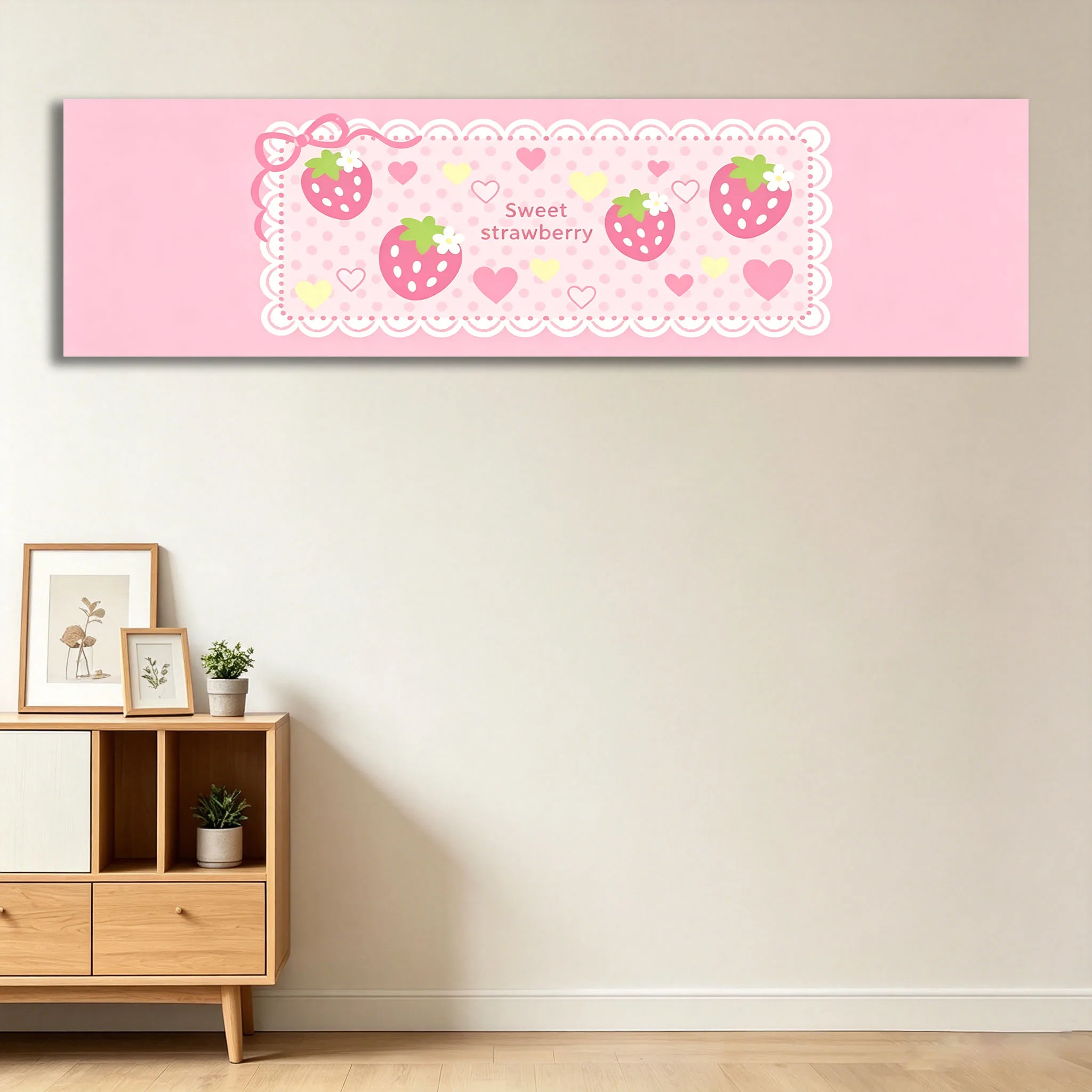Süßer rosa Erdbeer-Wandteppich mit langen und großen Punkten, niedlicher Kawaii-Hintergrundstoff für ästhetische Dekoration im Schlafzimmer oder im Wohnheim – Detail 4