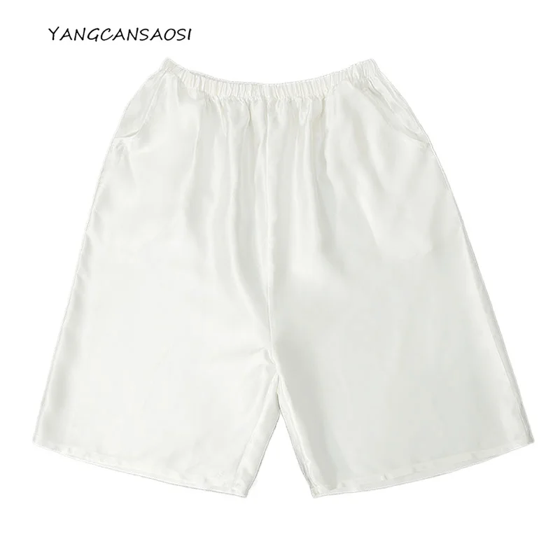 2025 ملابس كاجوال نسائية بيضاء 22 مللي متر ثقيلة 100% حرير التوت الطبيعي الساتان مرونة الخصر جيب تصميم بناطيل الشواطئ #1