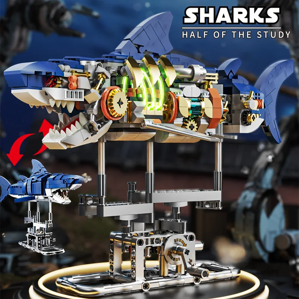 MOC Mechanical Shark Building Set Shark Sea Life Building Blocks Set with Display Stand and Lights Block Gift for Kids and Adult