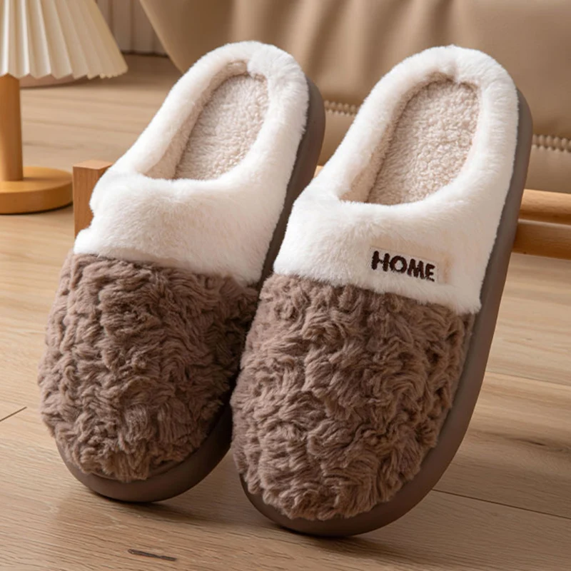 Patchwork Lambswool Home Slippers Women Comfortable Soft Soft Warm Plush Slides Woman Winter Indoor Non Slip Platform Slippers