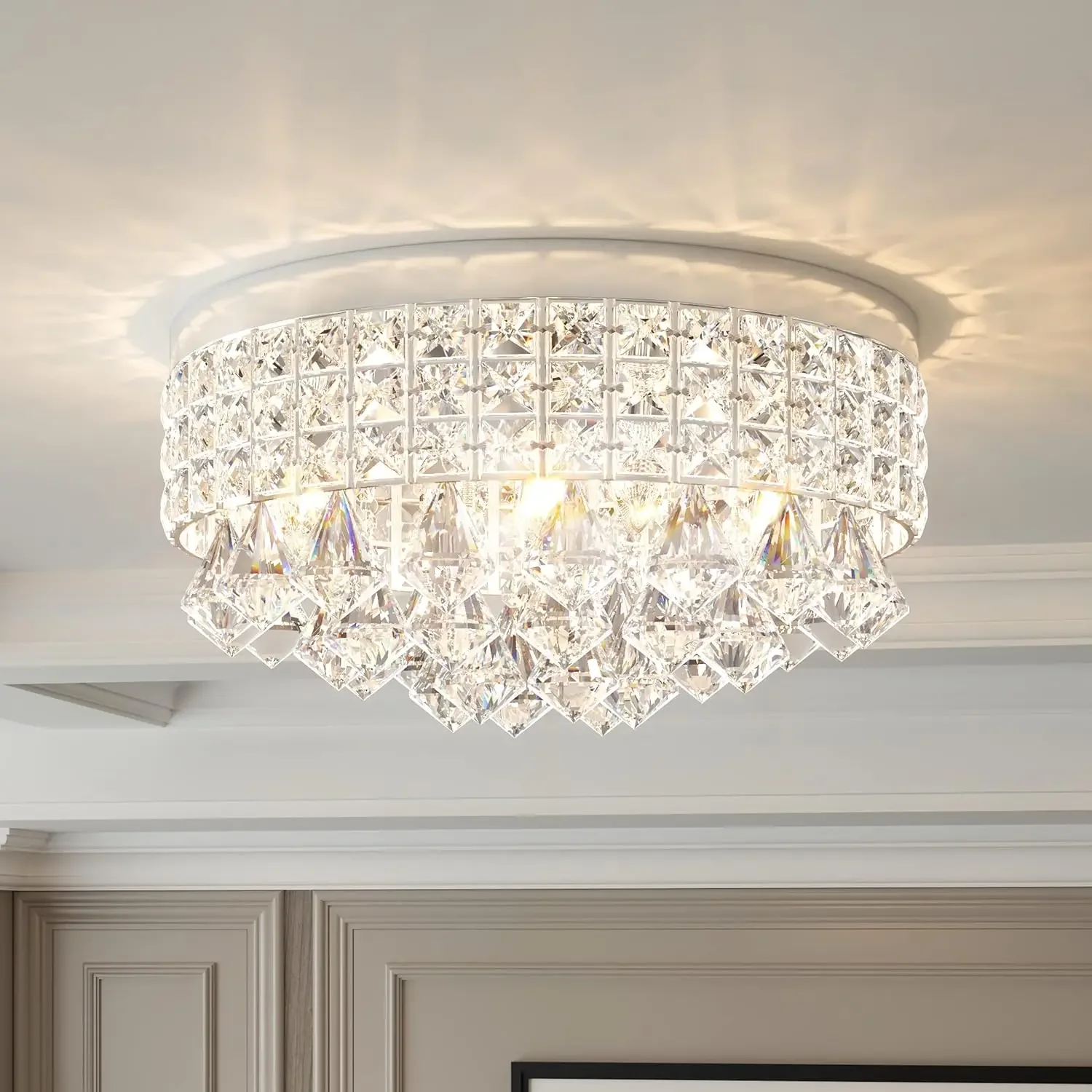 

4 Lights Crystal Chandelier, Modern Drum Ceiling Light Fixture Lamp, Raindrop Flush Mount Round Metal Shade, for Dining Room, Li