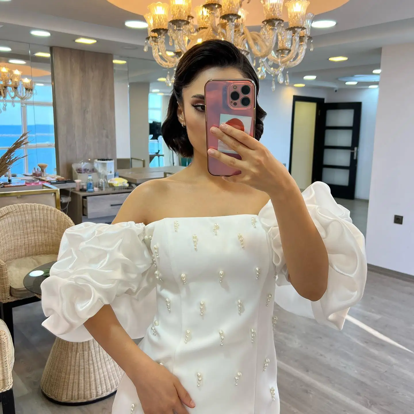 Jirocum Elegant White Off Shoulder Prom Dress Women\'s Mermaid Pearl Party Evening Dresses Floor-Length Special Occasion Gowns