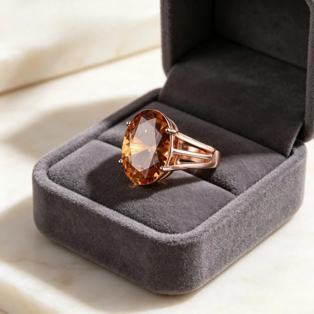 925 pure silver elegant oval champagne-colored zircon closed-end ring for women, rose gold open-ended finger ring