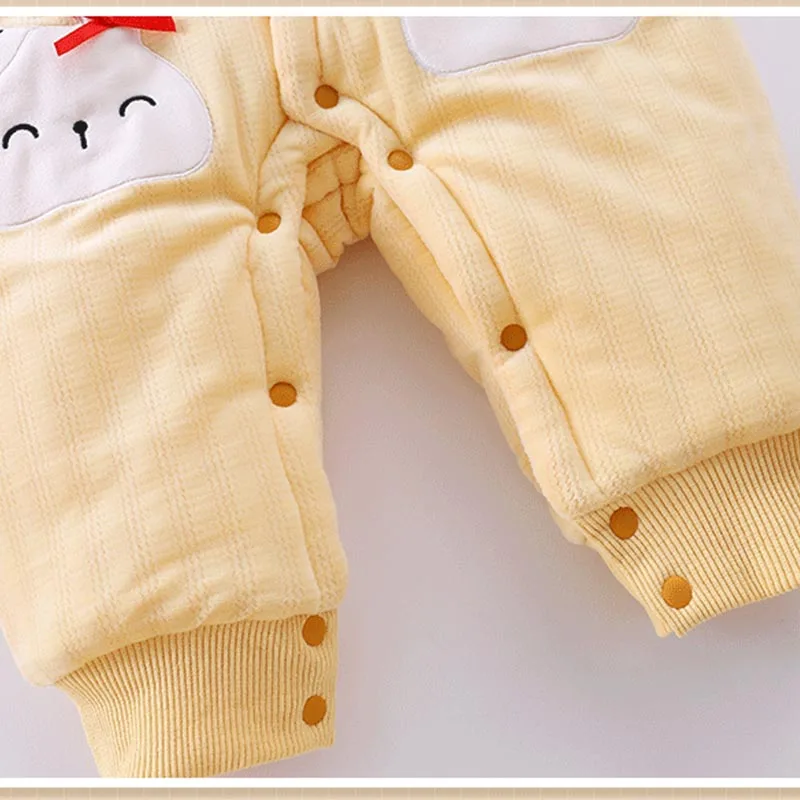 Baby Crawling Clothes Cute Cartoon Hooded Warm Long Sleeve Jumpsuit, Boys And Girls Button Down Fall/Winter Onesie Romper