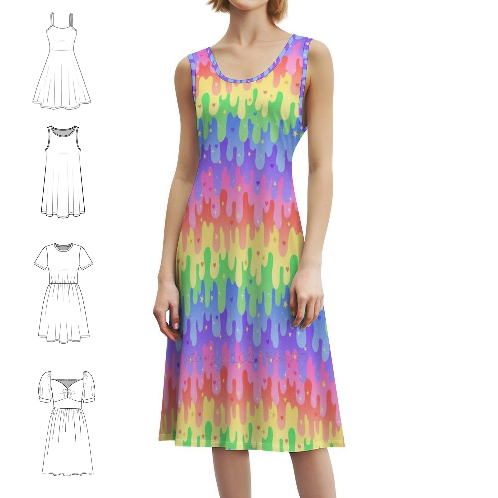 

Платье в корейском стиле с радужным слизом для женщин. Элегантное повседневное платье для вечеринки или повседневного ношения. Радужный слиз. Тонкий узор. Пастельный гот.