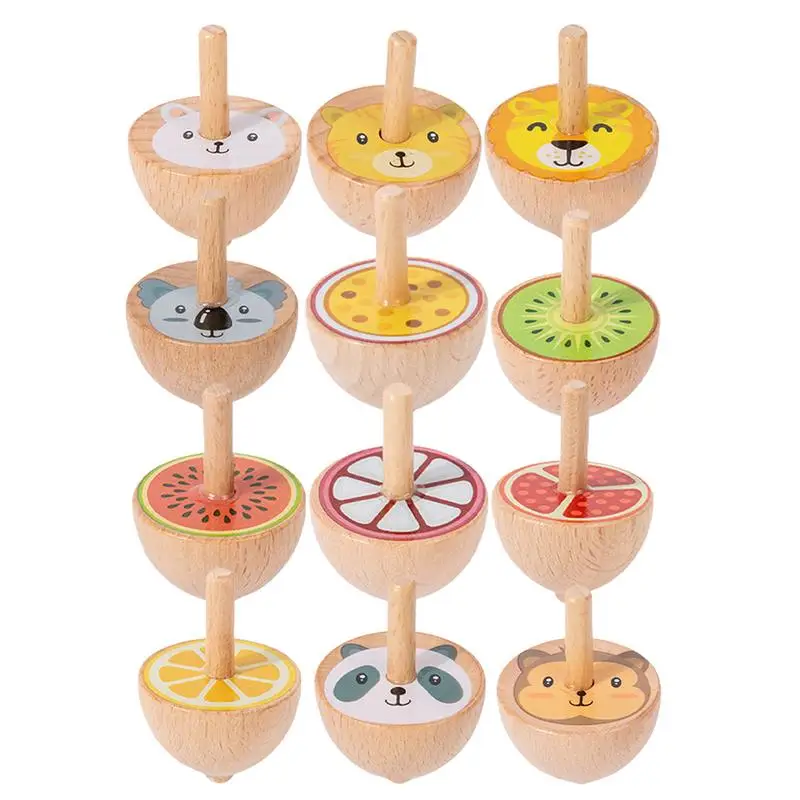 Wooden Tops Colorful Wood Spin Tops 6pcs Kids Colored Cartoon Wooden Gyro Toys Children Relief Stress Desktop Educational Game