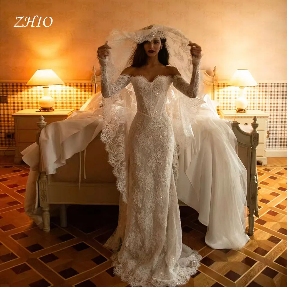ZHIO خمر العاج الدانتيل فستان الزفاف الحبيب قبالة الكتف حورية البحر سويب تراين فستان زفاف Cutsomzied فاخر Vestido de novia