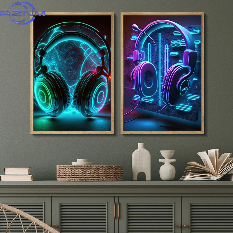 Pop 80S Live Music Neon Punk Poster Aesthetics Dj Guitar Karaoke Headphones Canvas Painting Wall Art Home Room Decor No Lights view 2