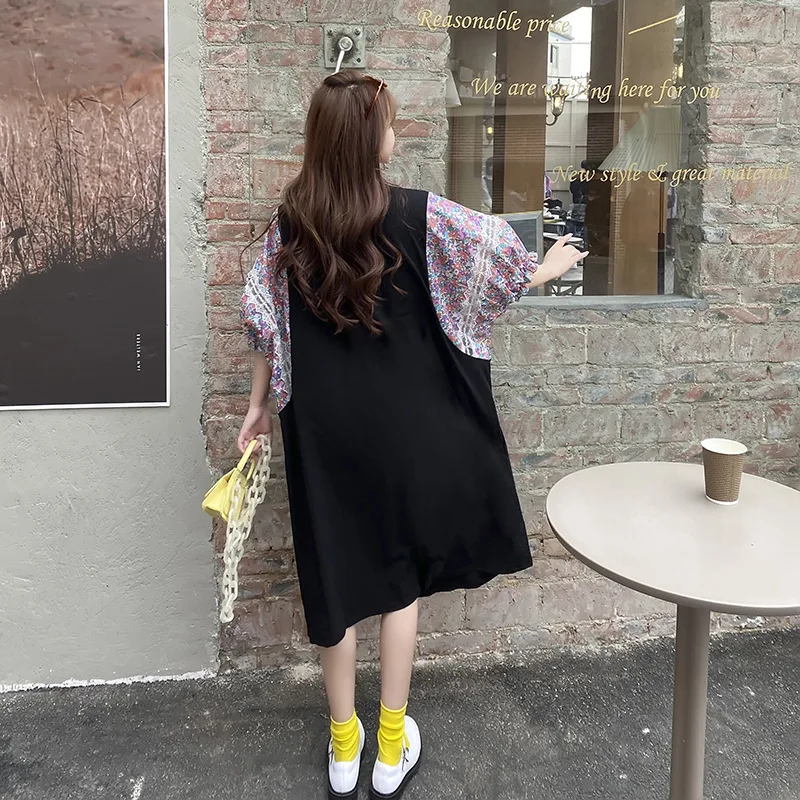 جديد الصيف كوريا فستان امرأة فضفاضة Vestidos رداء Elbise موضة المرقعة الطباعة الركبة طول فساتين طويلة