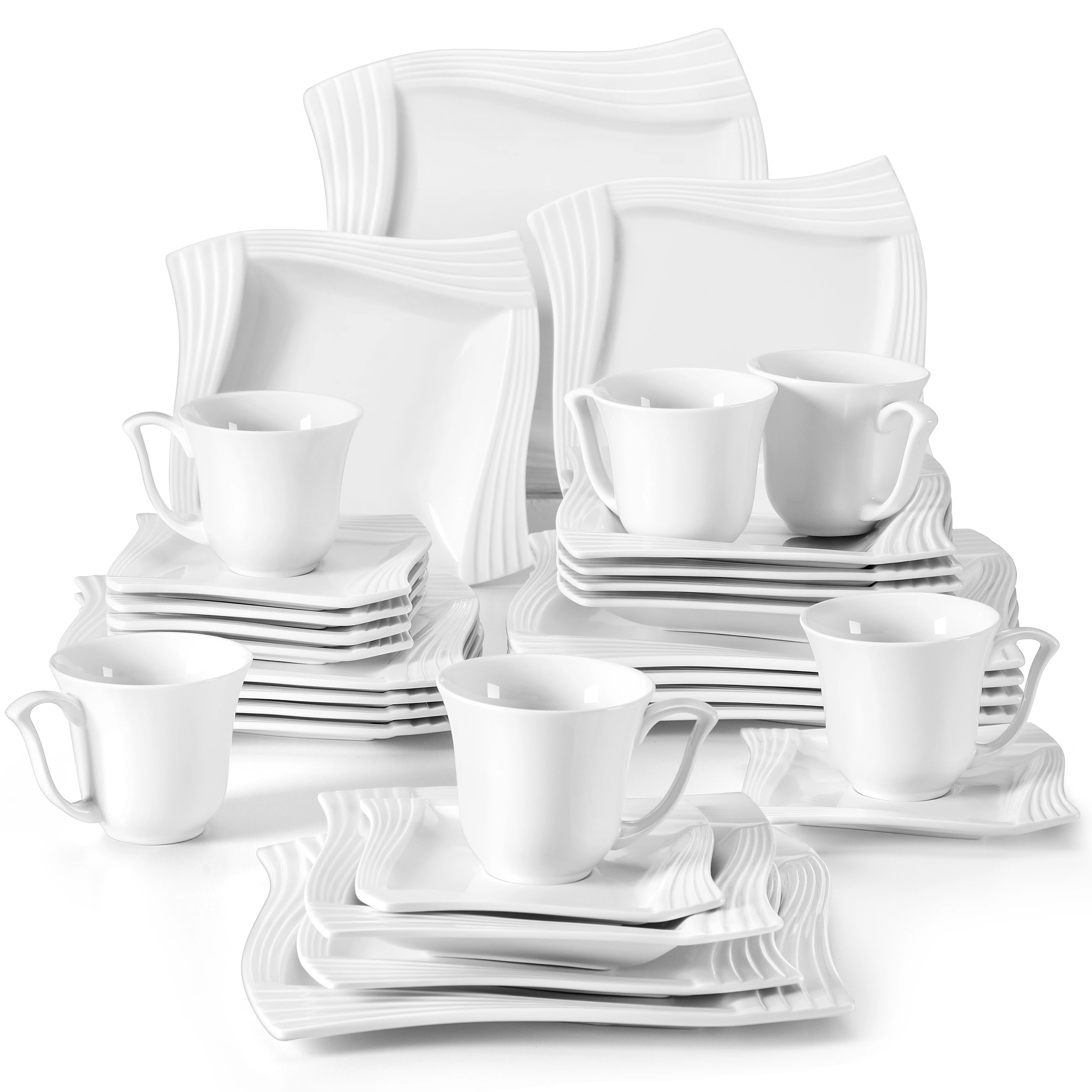 MALACASA AMPARO 30-teiliges Porzellan-Geschirrset mit 6 Kaffeesets, 6 Desserttellern, 6 Suppentellern und 6 Flachtellern für 6 Personen