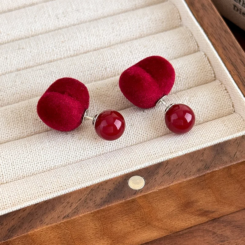 Burgundy Flocked Heart Ball Double Sided Stud Earrings Premium Soft Comfortable Elegant Two Way Wear for Women Daily Party Use