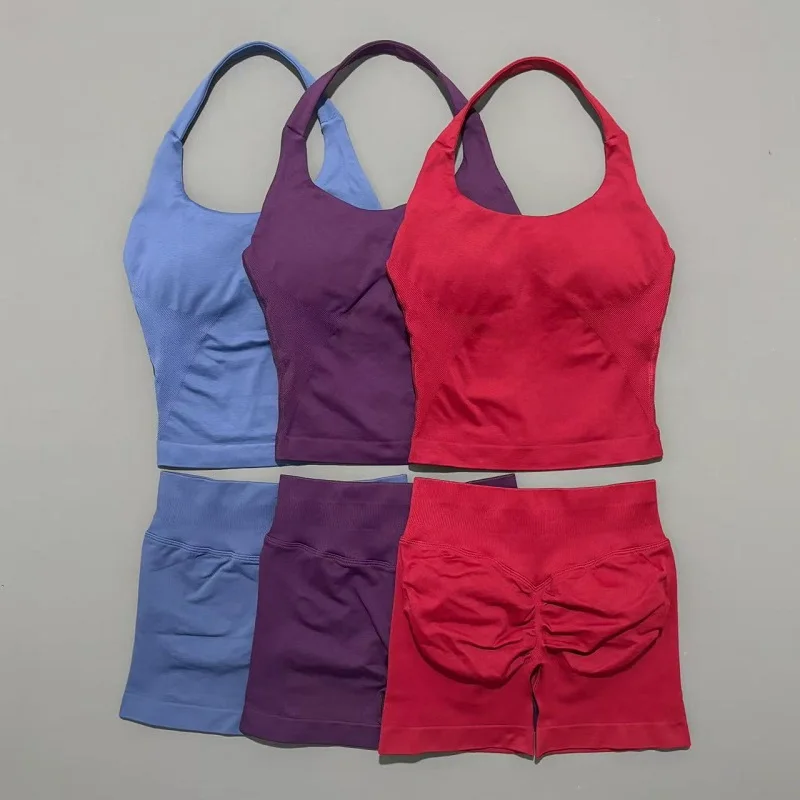2 Pieces Shorts Yoga Set Women Backless Halter Tops High Waist Seamless Shorts Gym Suit Fitness Sportswear Workout Sets image 4