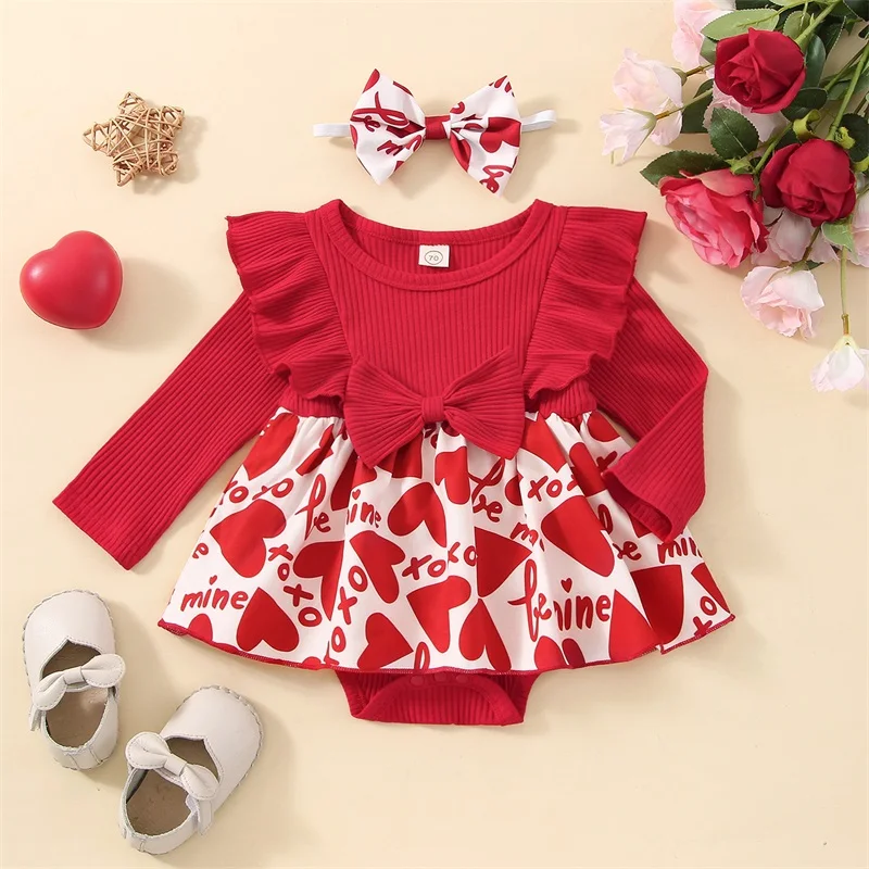 Infant Girl Heart Print Romper Dress with Long Sleeves and Round Neckline Casual Fall Outfit with Crotch Button Closure