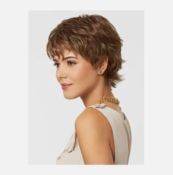 Peruca natural feminina de penteados em camadas ondulados castanho claro 6 polegadas