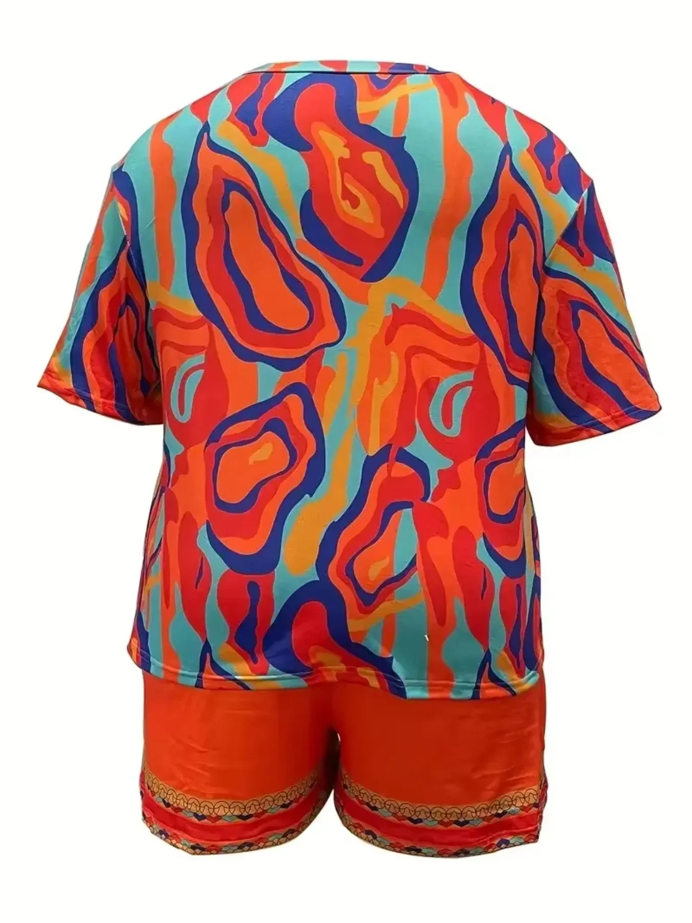 Women’s Plus Size 1XL-5XL Casual Colorful Abstract Print Pajama Set Short Sleeve Round Neck Suit Ladies Summer Loungewear