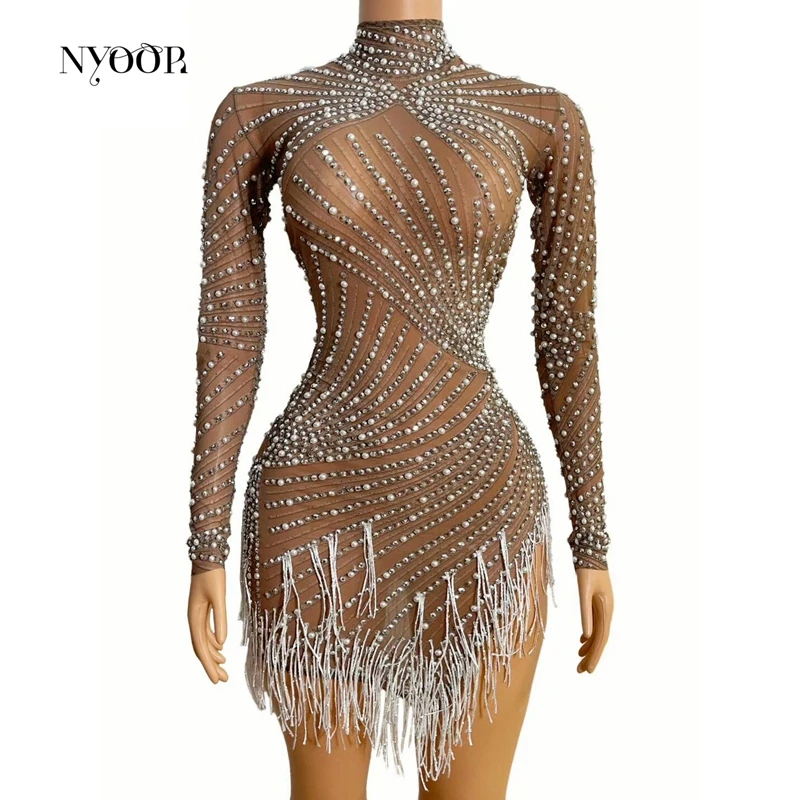 

Shining Pearl Rhinestones Transparent Fringes Mini Dress Birthday Celebrate Dress Evening Prom Outfit Women Bar Nightclub Outfit