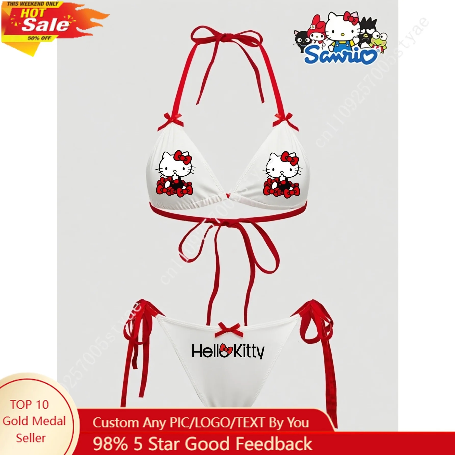 Sanrio Hello Kitty Women's Sexy Red Bow Letter Cartoon Print Wireless Bralette Swim Top Swim Bottom Set
