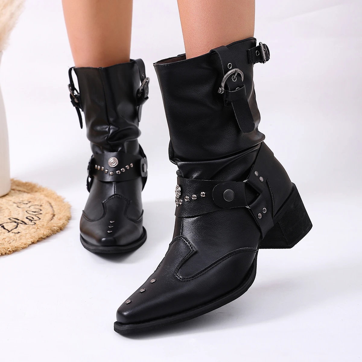 Gothic Rivet Thick High Heel Rocker Boots Woman Autumn Y2k Metal Buckle Pointed Toe Motorcycle Boots Women Black Mid-Calf Boots