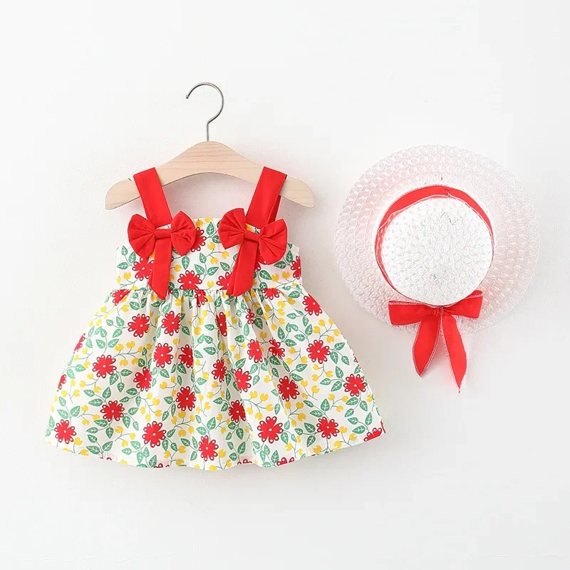 Two Bow Knots And Flower Print Infant Dress Summer New Girl Baby Sling Dress Fresh Girl Children'S Clothing+Gift Hat