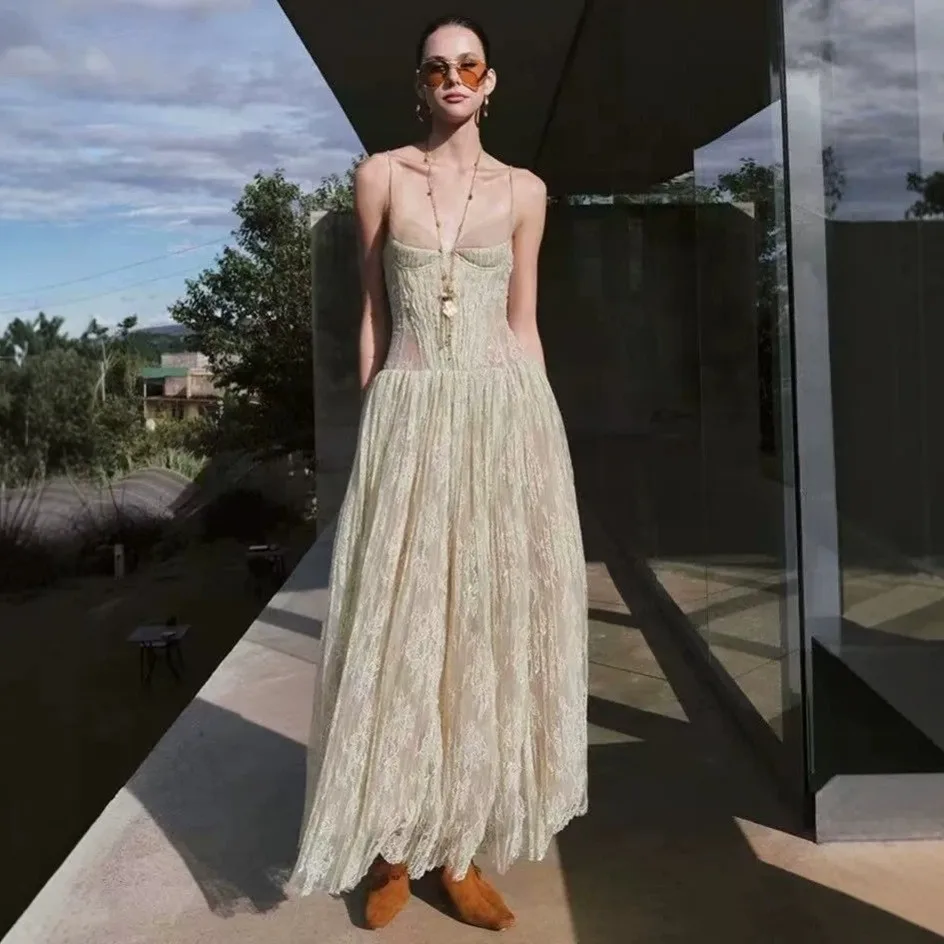 Slit Patchwork Gown High Waist Elegant with Spaghetti Strap Zipper Closure Slim Fit Sleeveless Graceful Dress Summer for Women