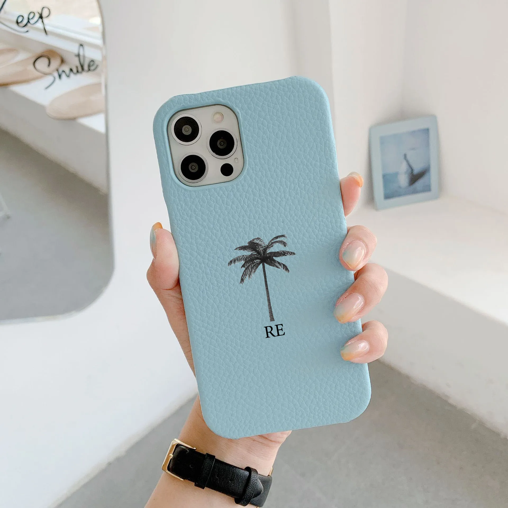 Personalized Coconut Tree Name Letter Leather Case For Iphone 15 16 pro max 14 13 Pro Max 12 Mini 11 kafr letters Luxury Covers