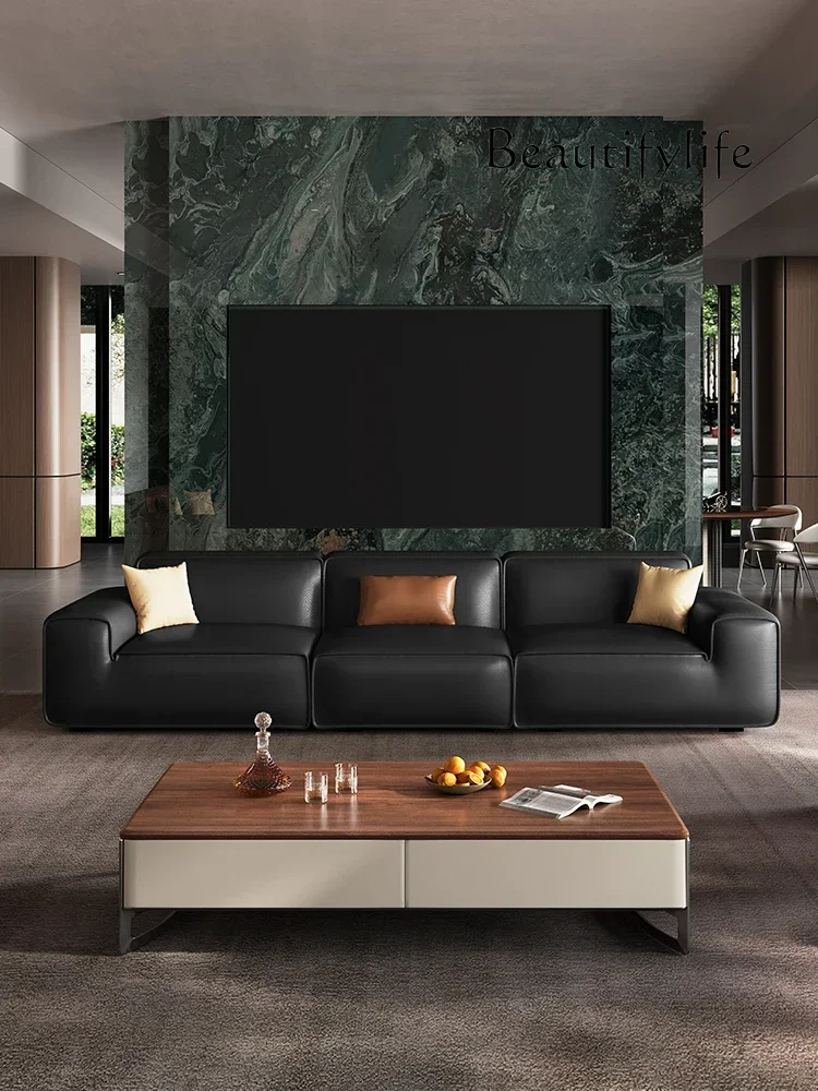 Ss Italian Minimalist Black Cow Leather Sofa Living Room Straight Row First Layer Cowhide Black Tofu Block Three-person Down Sof