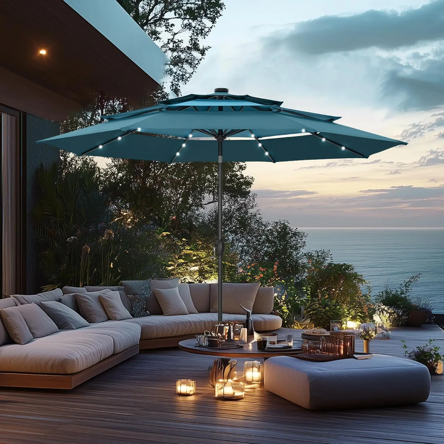 10ft 3 Tier Outdoor Patio Umbrella Solar LED Lights Auto-tilt 8 Ribs 1.5in Pole UV Resistant Lawn Poolside Garden, Customized