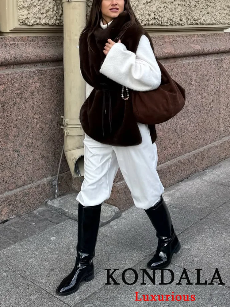 TRAFZA, abrigo informal de piel sintética para mujer, jersey marrón liso de cuello alto, fajas, Top recto, nueva moda, abrigo femenino para vacaciones de otoño 2025