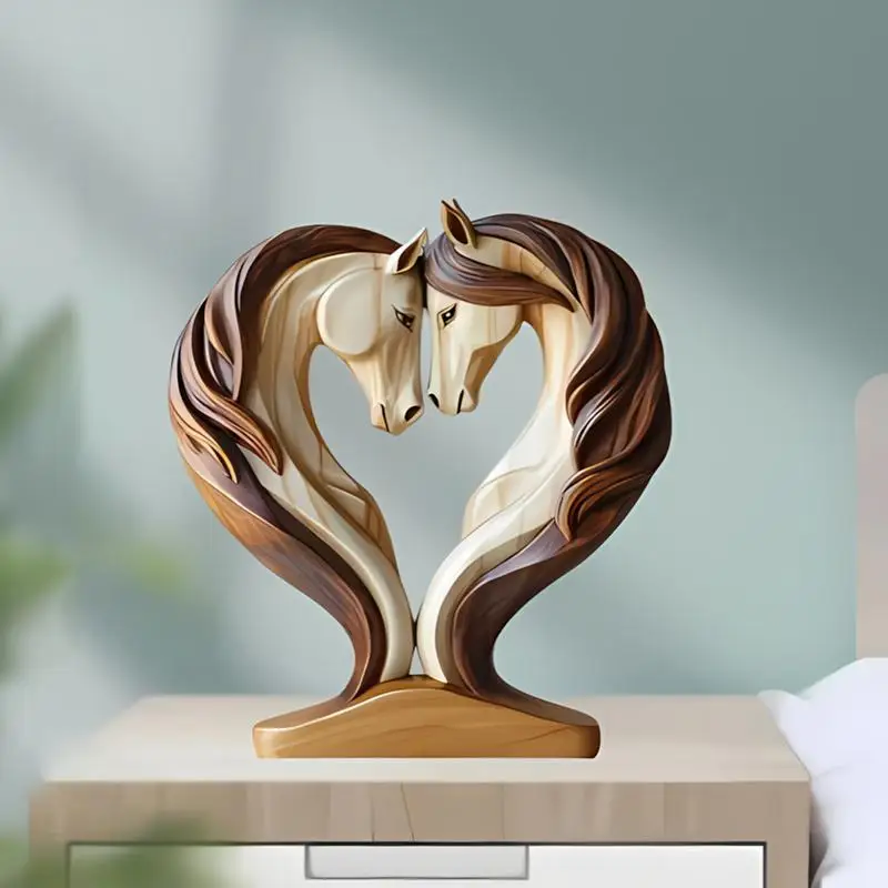 Horse Sculpture Wooden Horse Figurine Snuggle Pose Animal Sculpture for Workplace Exhibition Hall Shelf Living Room Entrance