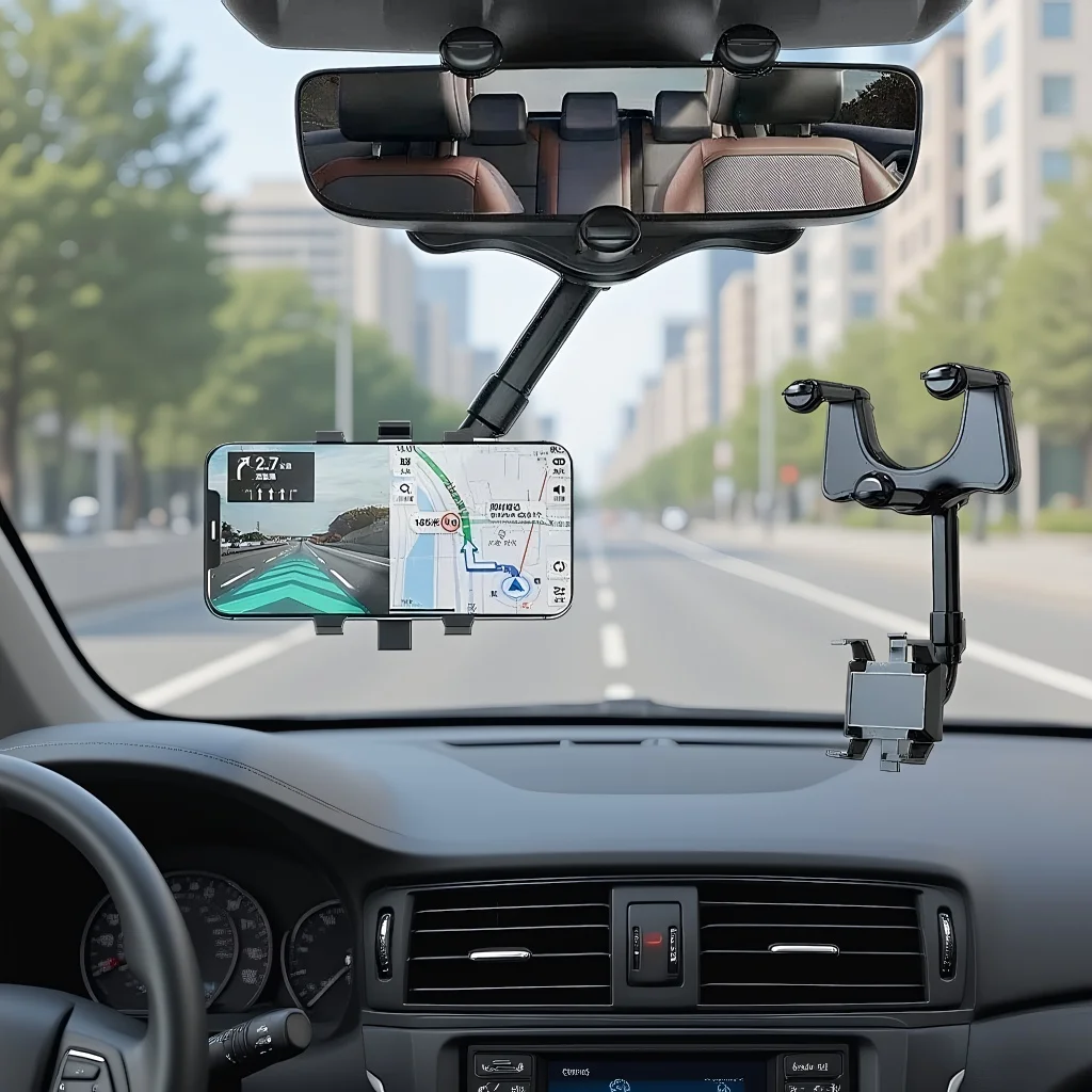 Car Rearview Mirror Phone Holder - 360° Adjustable Bracket with Anti-Slip Gripper for iPhone, Samsung, Xiaomi