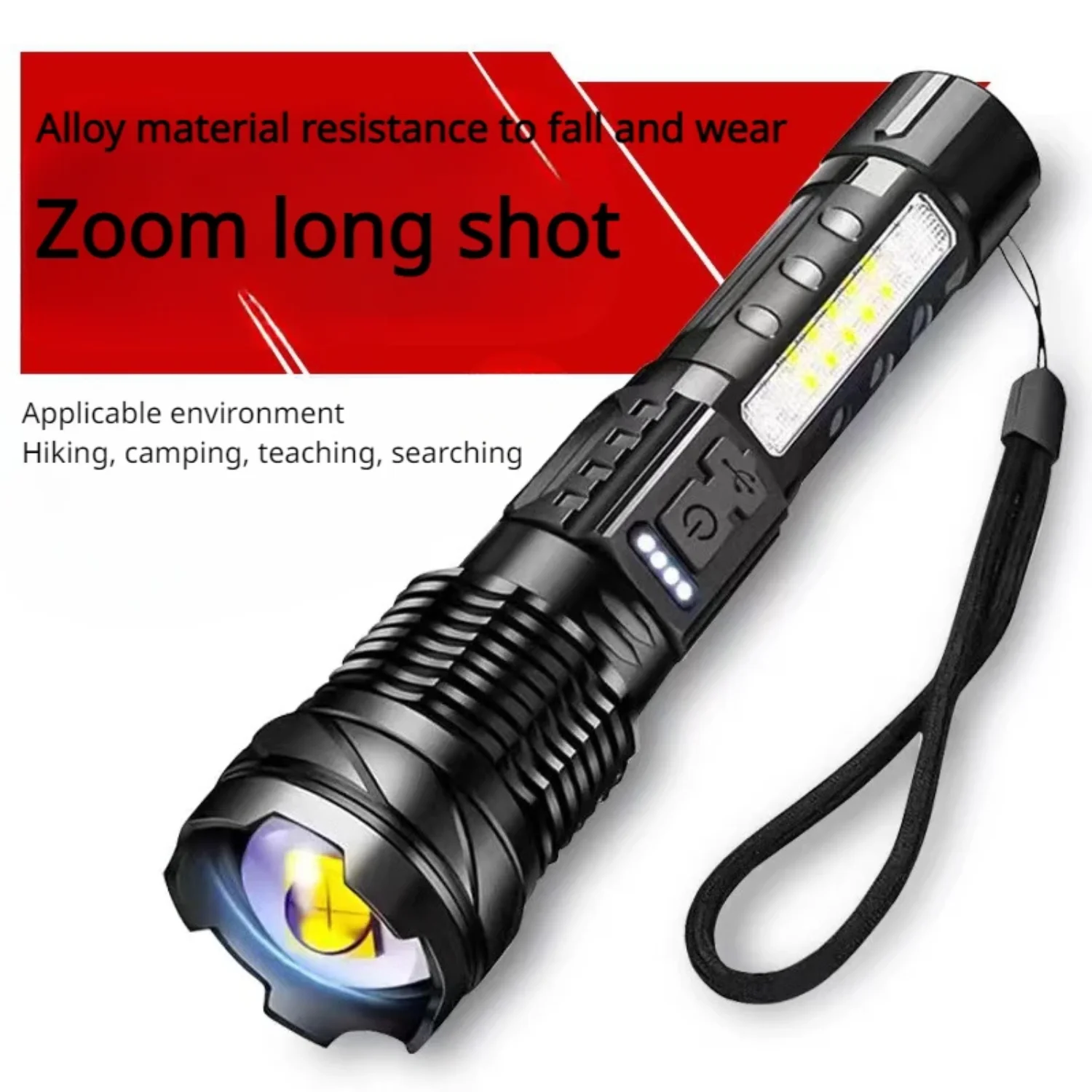 Outdoor white laser flashlight telescopic zoom USB charging exposed camp lighting COB side light flashlight