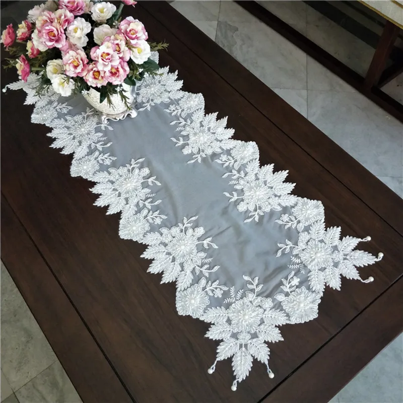 European Lace Embroidered Bead Pendant Tablecloth Balcony Bedroom Small Round Table Piano Cover Cloth Banquet Vase Cup Plate Mat