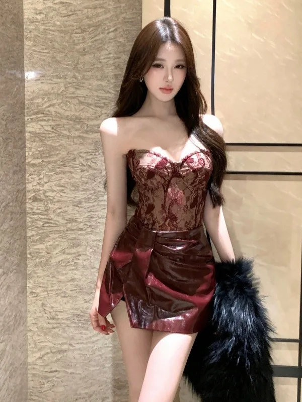 

Sexy Lace Crop Top High Waist PU Leather ort Skirt Night Club Pure Desire Set Women's Faion Slim Fit Two Piece Suit