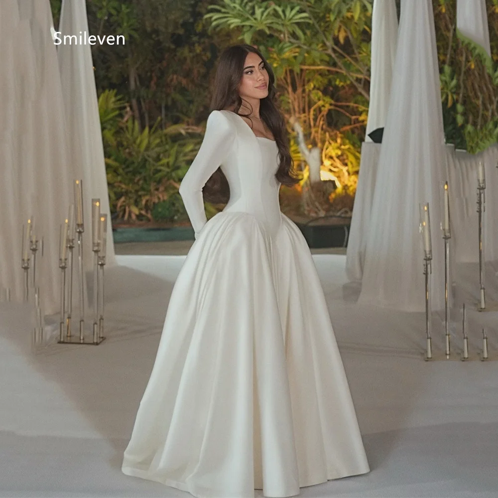 Smileven Ivory Satin A Line Gown wedding Dresses Square Neck Long Sleeve Bridal Dress Fitted Corset Bodice Gowns Customized