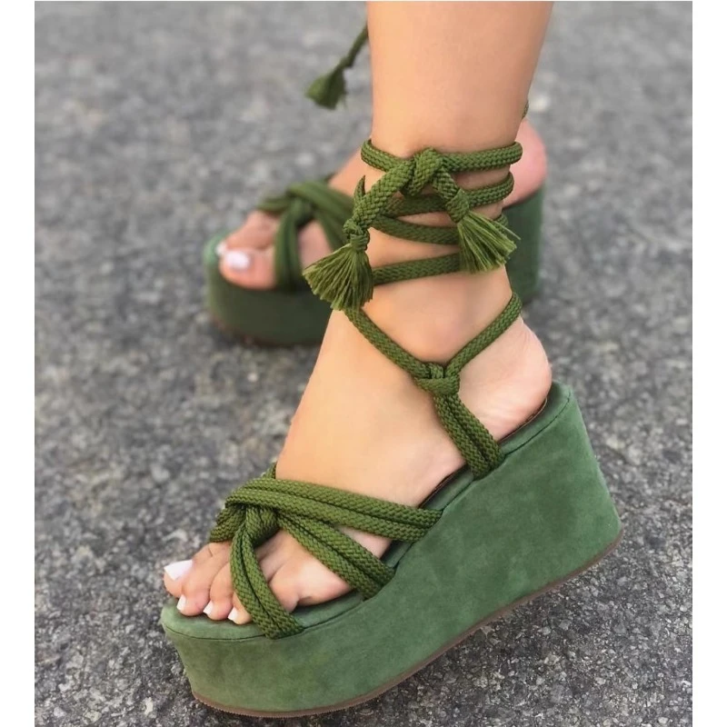 2024 Summer New Platform Wedge Sandals for Women Fashion Round Toe Cross Tied Height Increase Open Toe Femme Sandal Plus Size 43