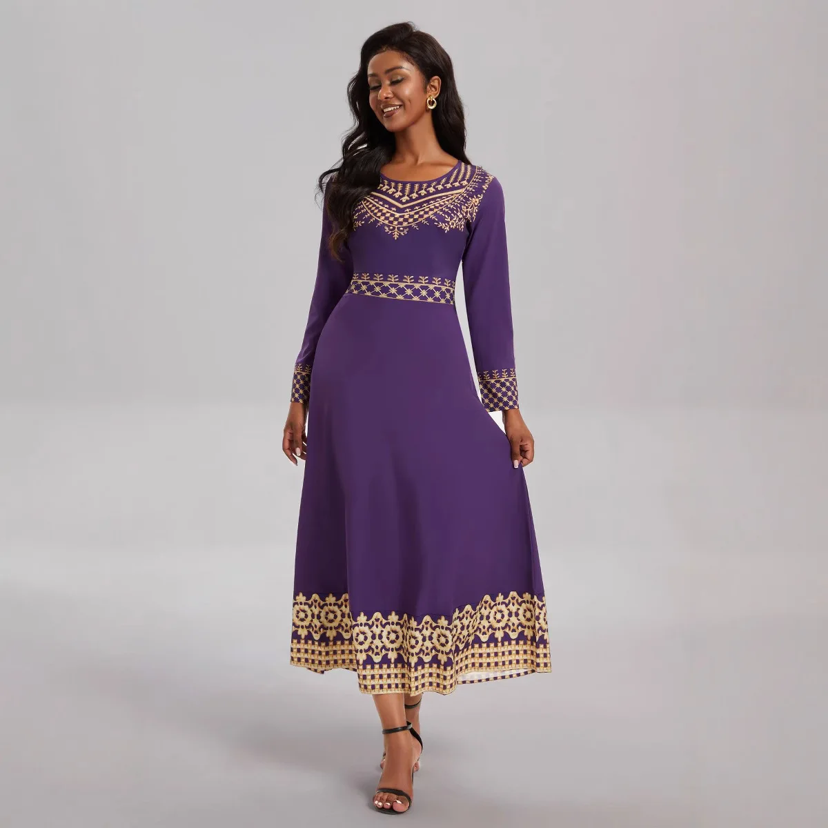 

Ретро-платье макси с принтом, с завышенной талией, длинными рукавами, модное женское летнее платье-юбка без бренда (регистрированный товарный знак)