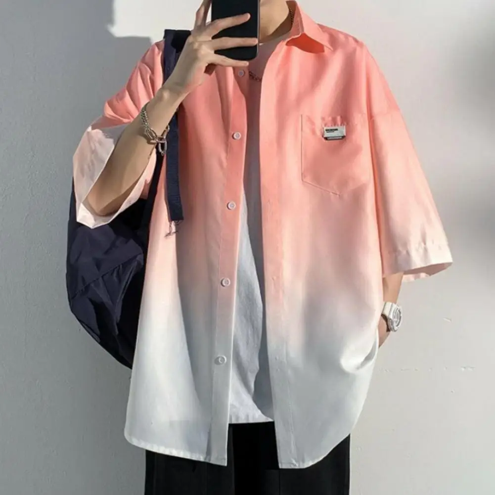 Lapel Collar Shirt Men Mid Sleeve Shirt Men's Gradient Colorblock Cardigan Shirt with Cargo Style Streetwear for Spring