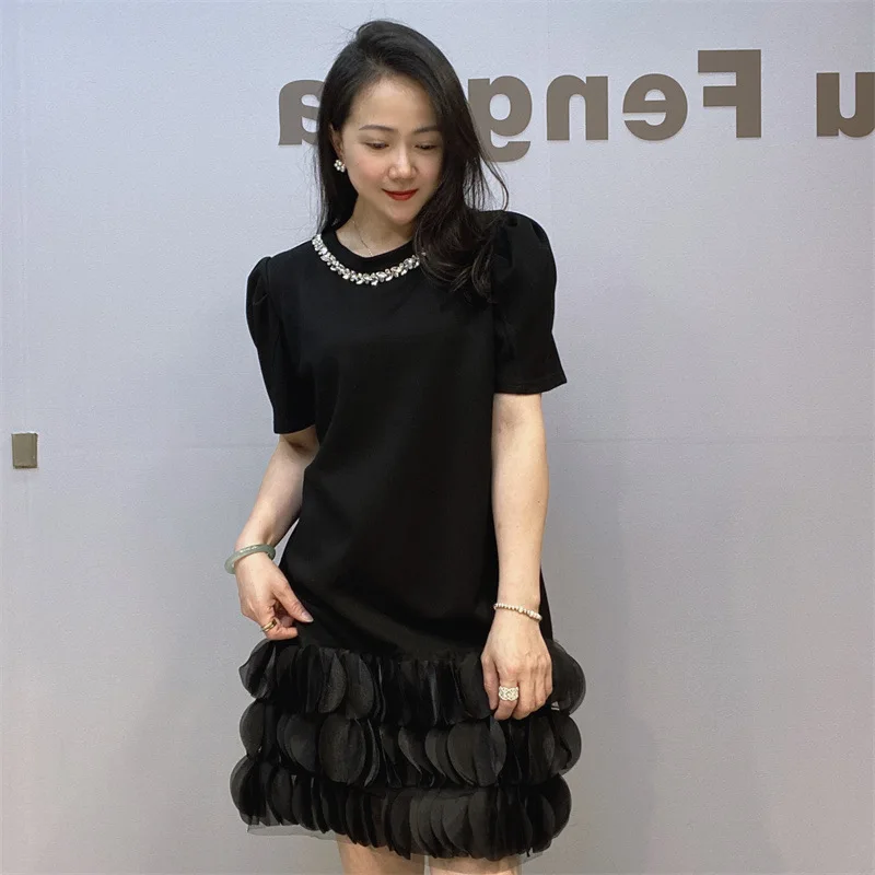 Summer Women Diamonds Beaded T-Shirts Dress Petals Edge Rhinestones Space Cotton Tees Dress Jumpers Short Sleeved Tops Vestido