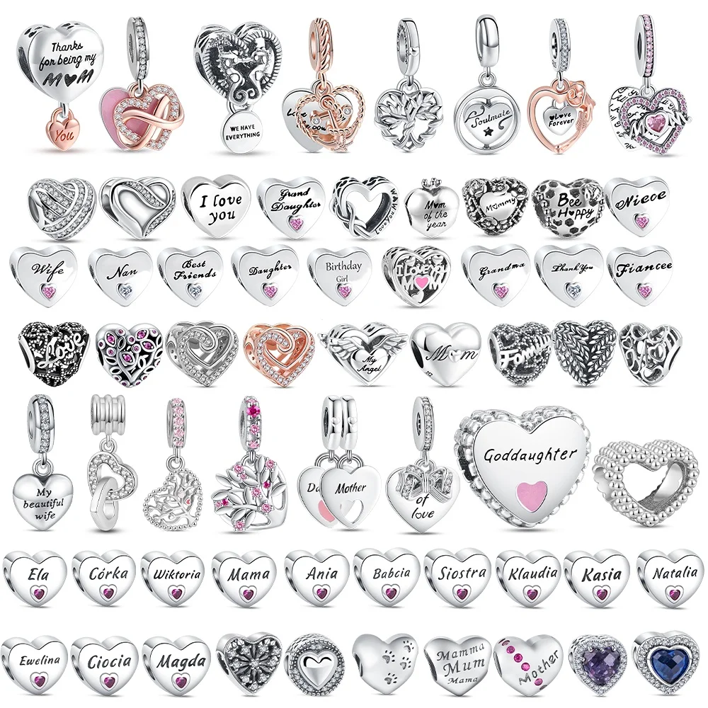2026 Neue Original 925 Sterling Silber Perlen Anhänger Herz Familie Original Design DIY Armband Damen Mädchen Schmuck Überraschungsgeschenk
