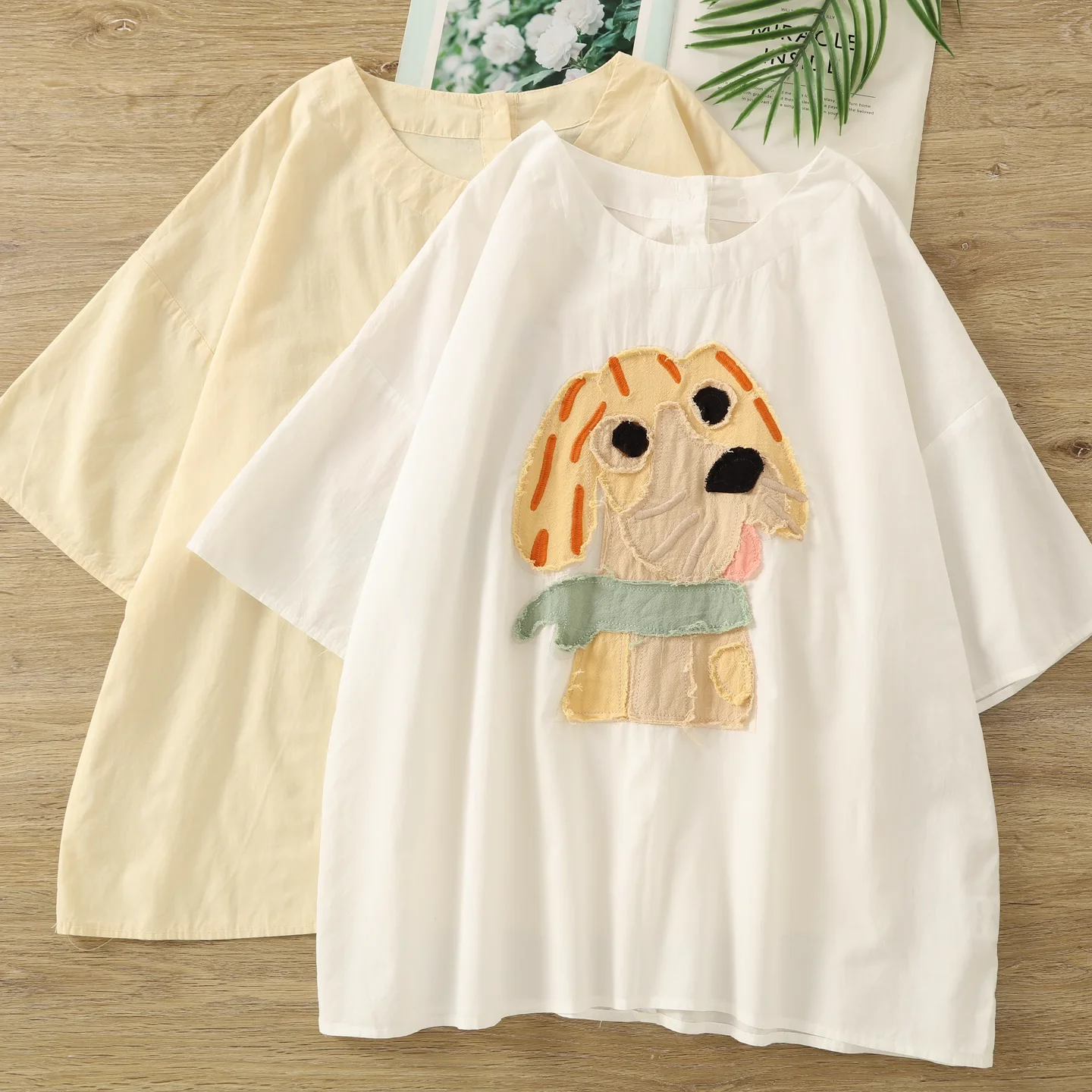 

2025 Japanese vintage clothes mori girl summer cartoon puppy embroider patch t shirts for women kawaii cotton shirts