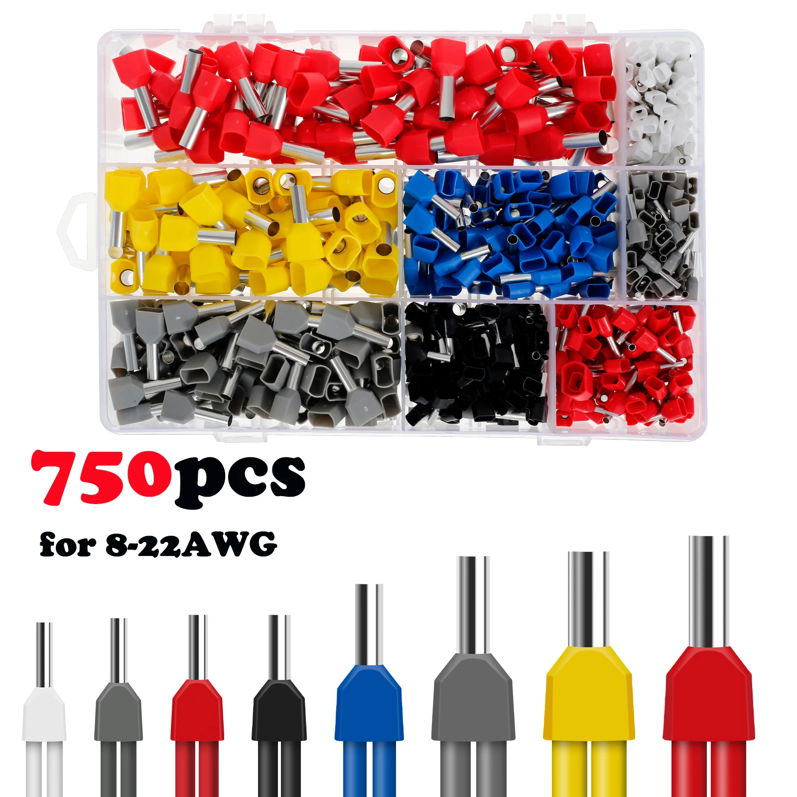 750pcs Twin Wire End Ferrules Set 0.5-10 mm² Double Wire End Ferrules Assortment Set Wire Ferrules Cable End Ferrules for Wire