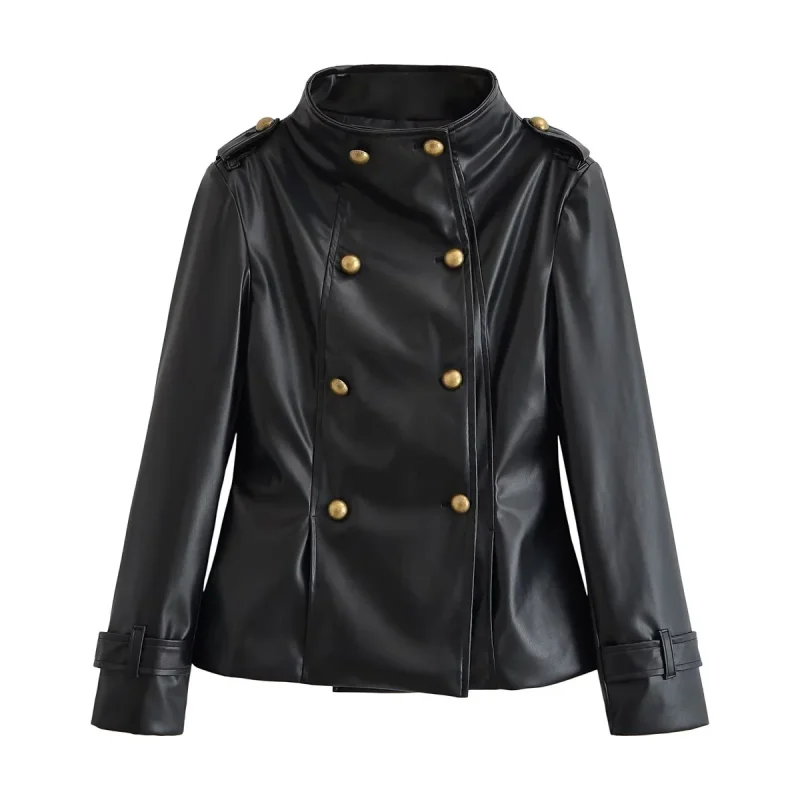Early Fall New Collection Ladies' Faux Leather Outerwear Stand-Up Collar With Metal Button Decoration Fashionable Women Jacket