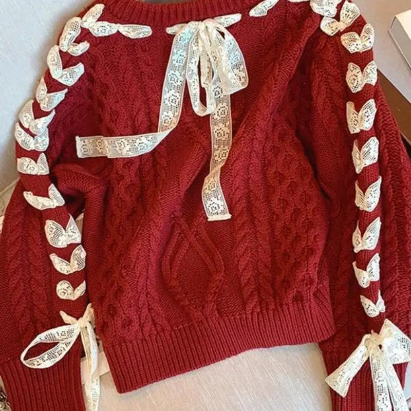 Hot 2026 New Autumn Winter Fashion New Year Women Wear Versatile Casual Loose Warm Red Bow Lace Tie Dough Twists Knit Sweater