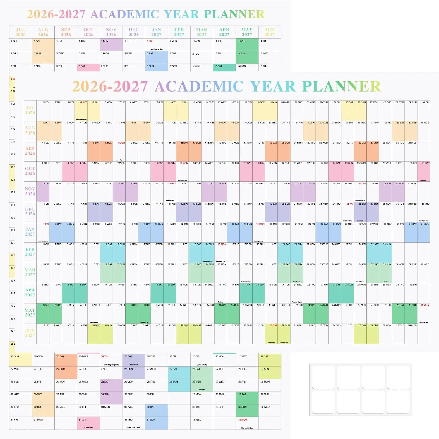 

24" x 36" Academic Wall Calendar July 2026 - June 2027, Folded Large Yearly Planner 12 Months, 2-Sided Reversible Horizontal/Vertical School Office Calendar