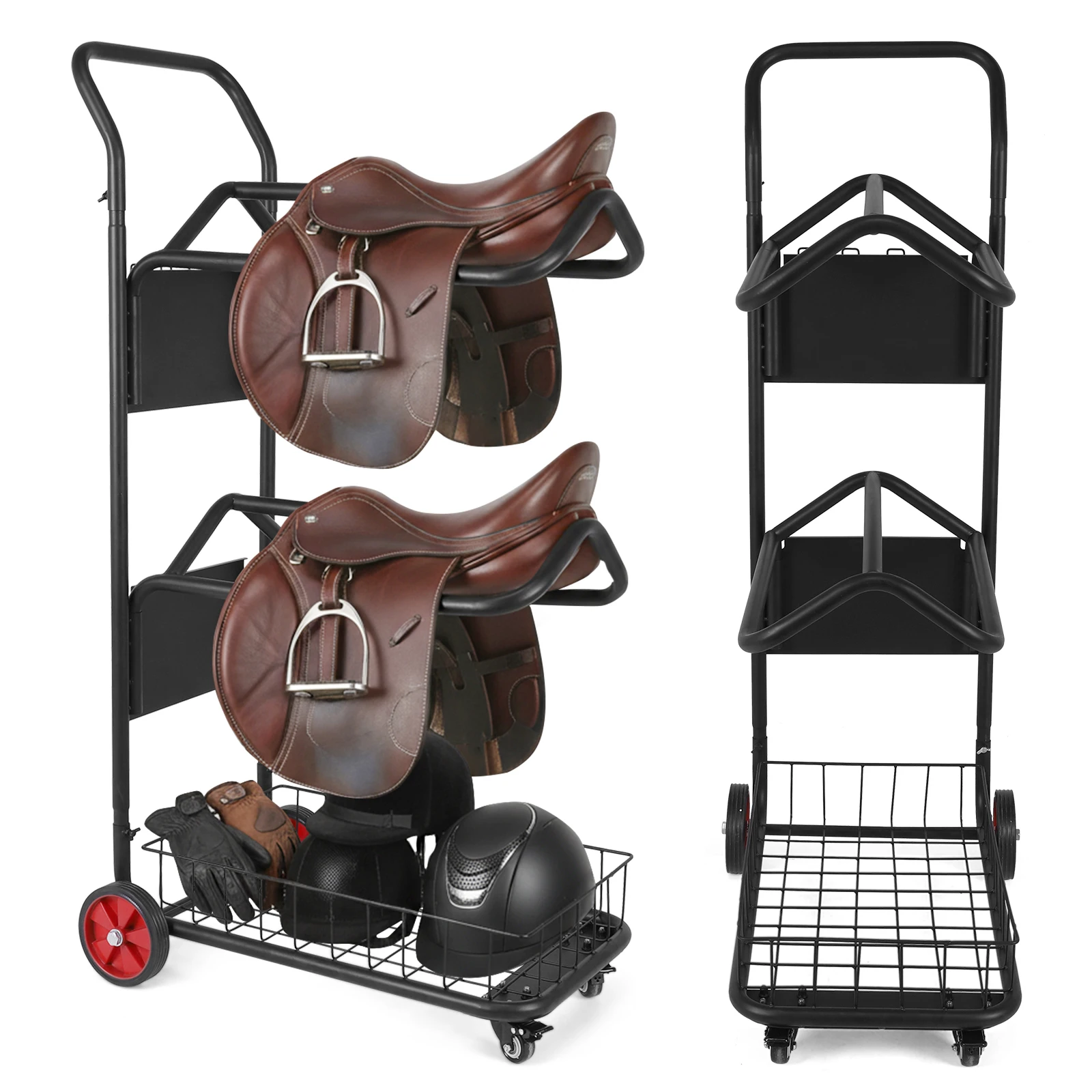 

Rolling Horse Saddle Rack Cart with Basket Horse Tack Dolly with Wheel for Storage Moving Organize Transport Supplies